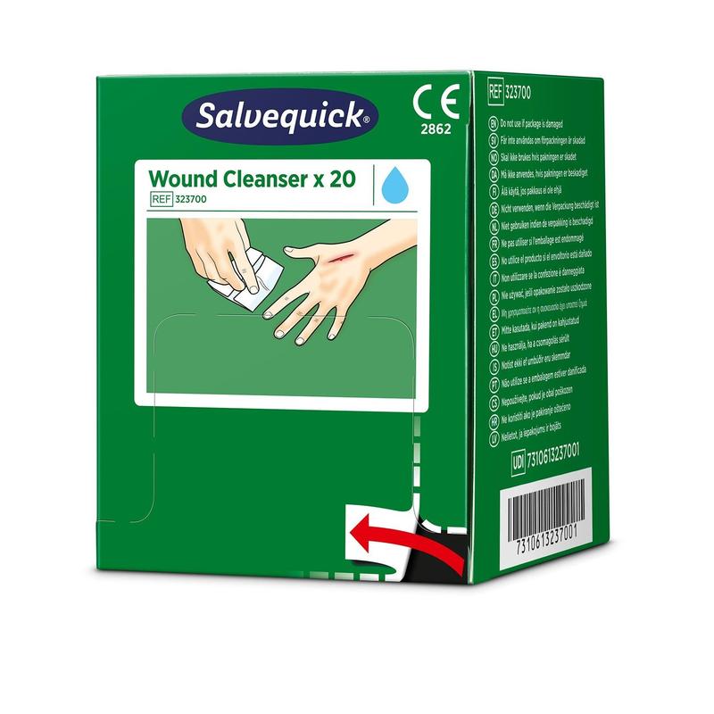 A green box with Salvequick savett wound cleaner (0.9% NaCl, sterile) 20 pieces from Orkla Wound Care AB, featuring an illustration of hands cleaning a wound, and visible product details and barcode on the packaging.