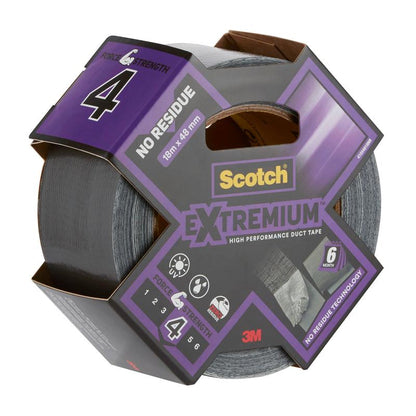 A roll of Scotch® Extremium™ No Residue High Performance Duct Tape (18.2 m x 48 mm) from 3M Deutschland GmbH in packaging with purple-gray design and details like "no residue" and "force strength 4".