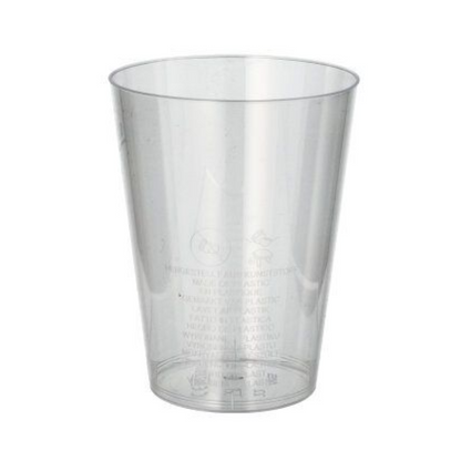 A Starpak 50 drinking cup, PS crystal clear, with a capacity of 2 l is depicted upright against a plain white background. On the side of this polystyrene cup, regulations and recycling instructions are indicated in faint lettering.