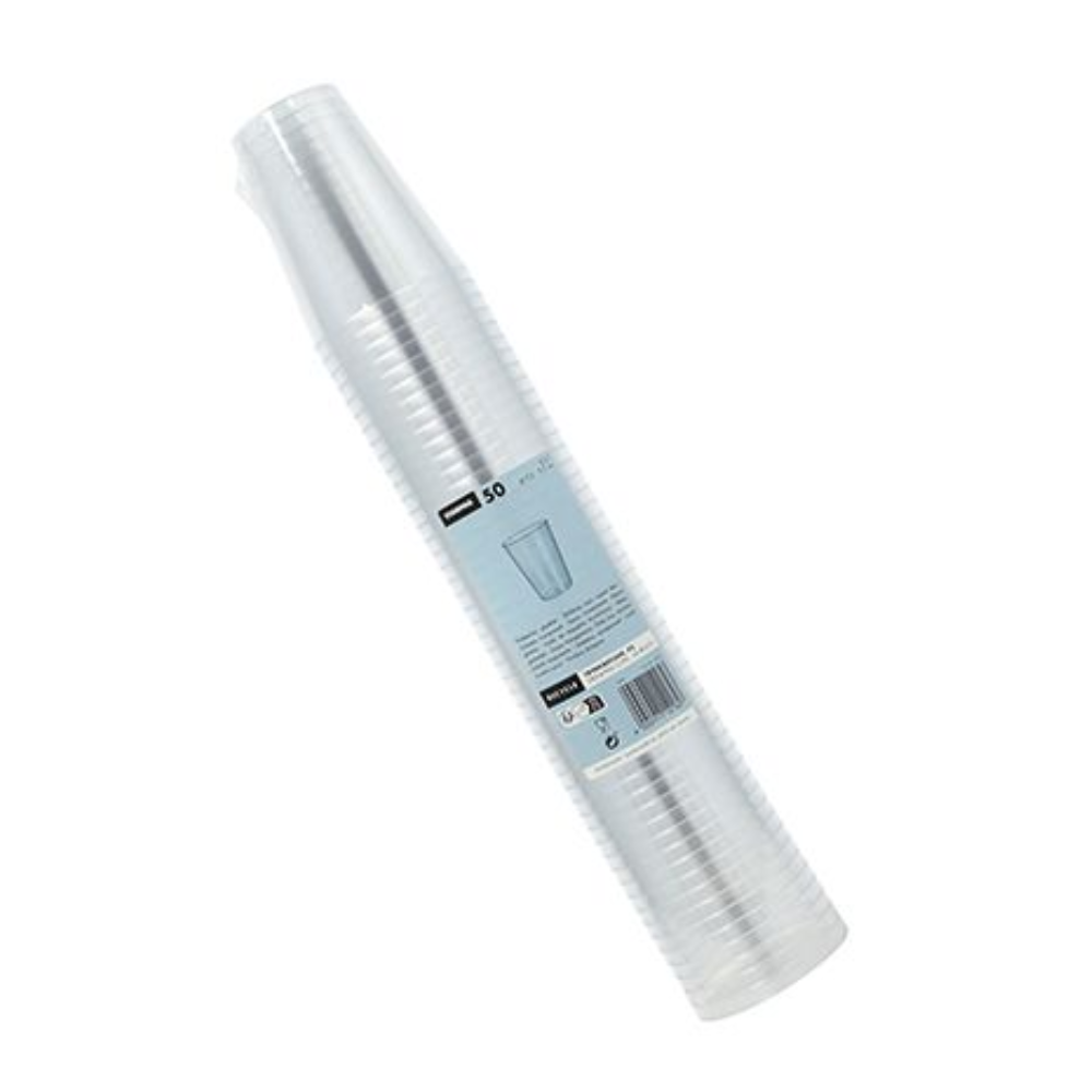 A stack of Starpak 50 drinking cups, PS crystal clear, is packaged in plastic with a light blue label, indicating the Starpak brand and product data, including the quantity of 50 cups.