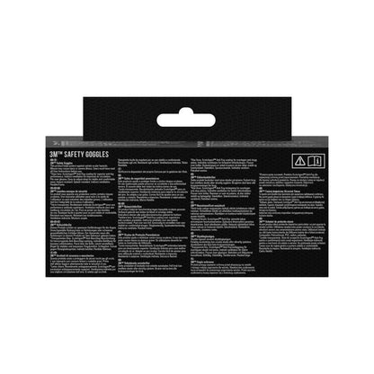 The back of the packaging of the 3M™ Safety Glasses 2891 from 3M Deutschland GmbH shows safety information, instructions, and warning symbols in white lettering on a black background. With Scotchgard™ Protector Anti-Fog Coating. Hanging tab at the top is visible.
