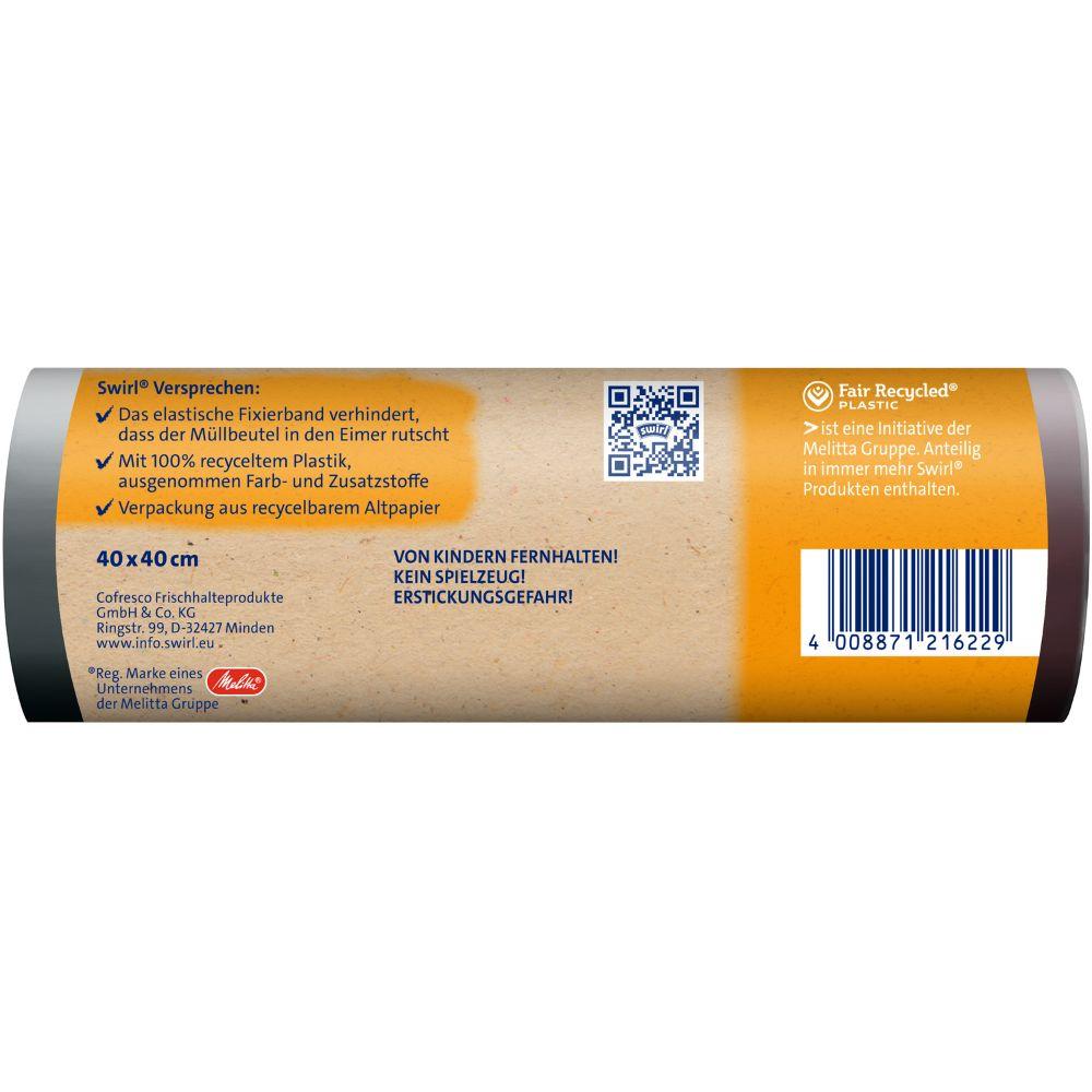 A brown label with German text highlights "environmentally friendly waste disposal" (40 x 40 cm) and safety warnings. With barcode, QR code, logos made from recycled plastic, and details about the Melitta Europa Swirl fixing tape garbage bags 10 l (15 bags/roll).