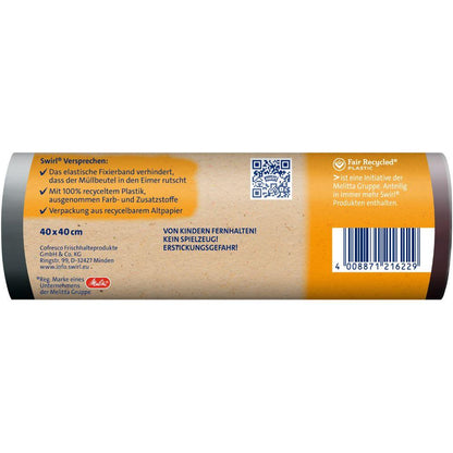 A brown label with German text highlights "environmentally friendly waste disposal" (40 x 40 cm) and safety warnings. With barcode, QR code, logos made from recycled plastic, and details about the Melitta Europa Swirl fixing tape garbage bags 10 l (15 bags/roll).