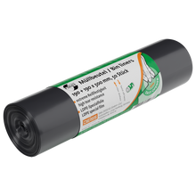 Eine Rolle DEISS 34502 Müllsäcke (50 Stück, grau) der EMIL DEISS KG ist mit einem grün-weißen deutsch/englischen Etikett versehen, das eine Hand beim Ziehen eines Beutels zeigt und die Reißfestigkeit, die LDPE-Spezialfolie und die Eignung für die Abfallentsorgung hervorhebt.