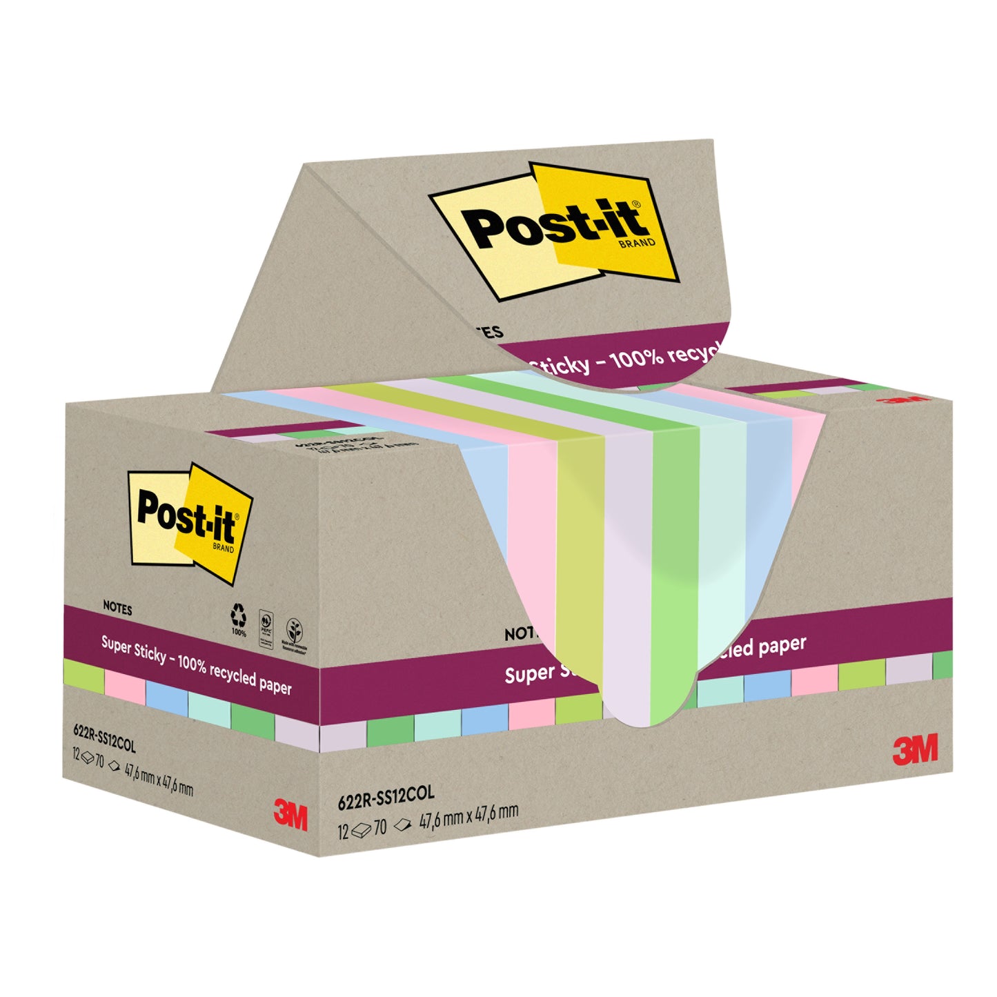 A box of Post-it® Super Sticky 100% Recycled Notes (47.6 x 47.6 mm, 70 sheets per block, 100% PEFC) from 3M Deutschland GmbH, with partially pulled out pastel notes marked with brand logos.