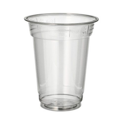 The Starpak plastic cup (PET) "Hurricane" 0.3 l is presented on a white background, showing its clear design with a slightly flared rim and measurement markings on the edge. The cup appears empty.