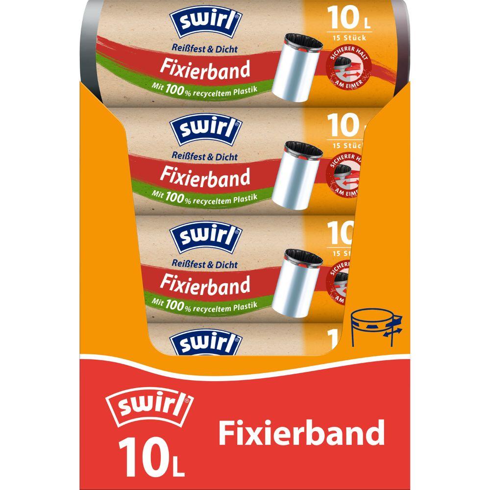 The packaging of the Swirl fixing tape garbage bags 10 l tear-resistant & sealed from Melitta Europa GmbH & Co. KG shows three rolls, is made of environmentally friendly, 100% recycled plastic, has a capacity of 10 l, and is provided in the colors red, orange, and blue with logo and symbols.
