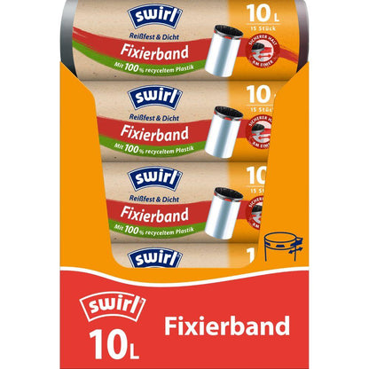 The packaging of the Swirl fixing tape garbage bags 10 l tear-resistant & sealed from Melitta Europa GmbH & Co. KG shows three rolls, is made of environmentally friendly, 100% recycled plastic, has a capacity of 10 l, and is provided in the colors red, orange, and blue with logo and symbols.