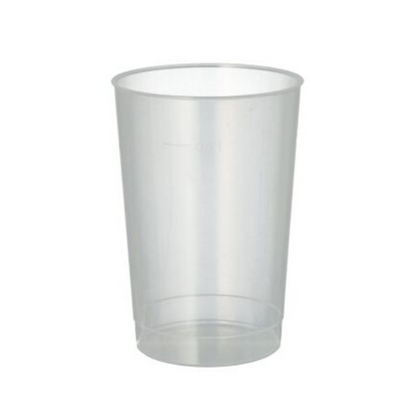 A Starpak 40 reusable drinking cup made of translucent, unbreakable polypropylene stands upright against a plain white background.