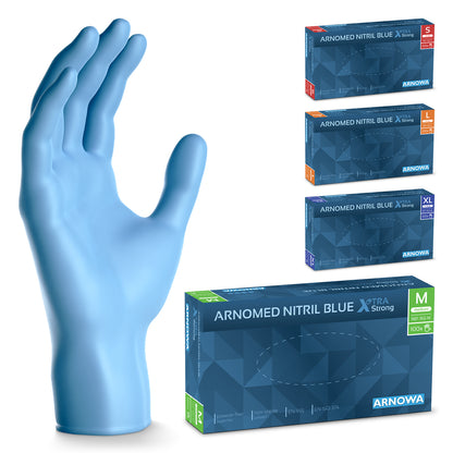 A blue ARNOMED NITRIL BLUE XTRA STRONG disposable glove from ARNOWA GmbH stands upright next to four blue, color-coded boxes with extra thick nitrile gloves in sizes S to XL.