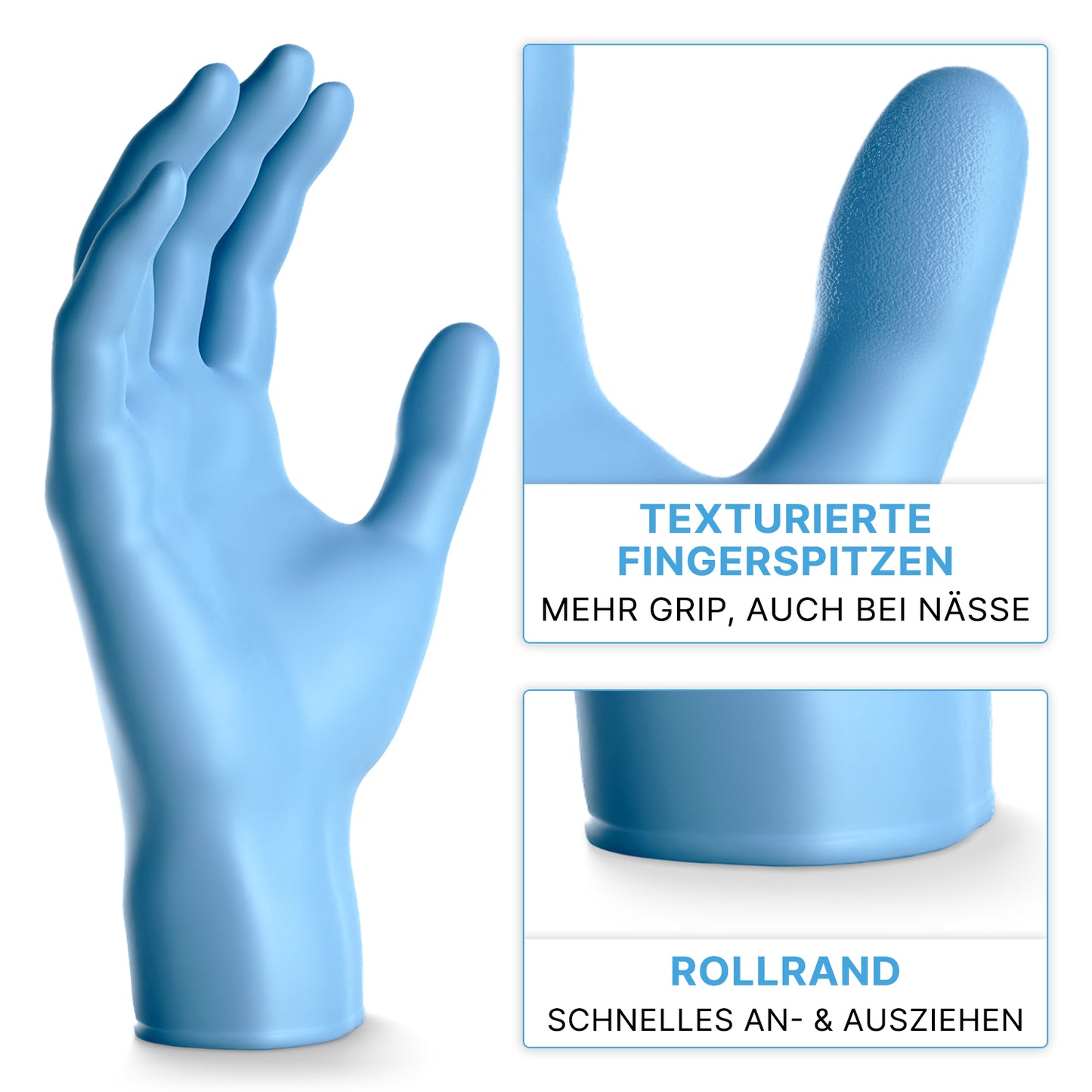 The ARNOMED NITRIL BLUE XTRA STRONG disposable glove from ARNOWA GmbH is shown, with close-ups of its textured fingertips for better grip and a rolled edge for easy donning and removal. German texts explain the features.