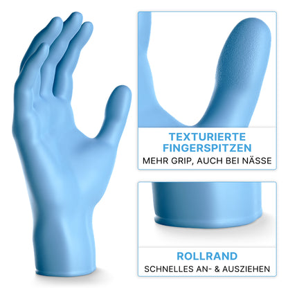 The ARNOMED NITRIL BLUE XTRA STRONG disposable glove from ARNOWA GmbH is shown, with close-ups of its textured fingertips for better grip and a rolled edge for easy donning and removal. German texts explain the features.
