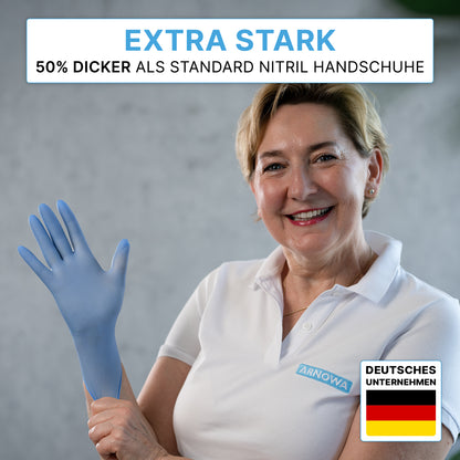 A smiling woman puts on ARNOMED NITRIL BLUE XTRA STRONG from ARNOWA GmbH: Especially strong, blue nitrile disposable gloves - 50% thicker than standard. Bottom right: Germany icon with "GERMAN COMPANY".