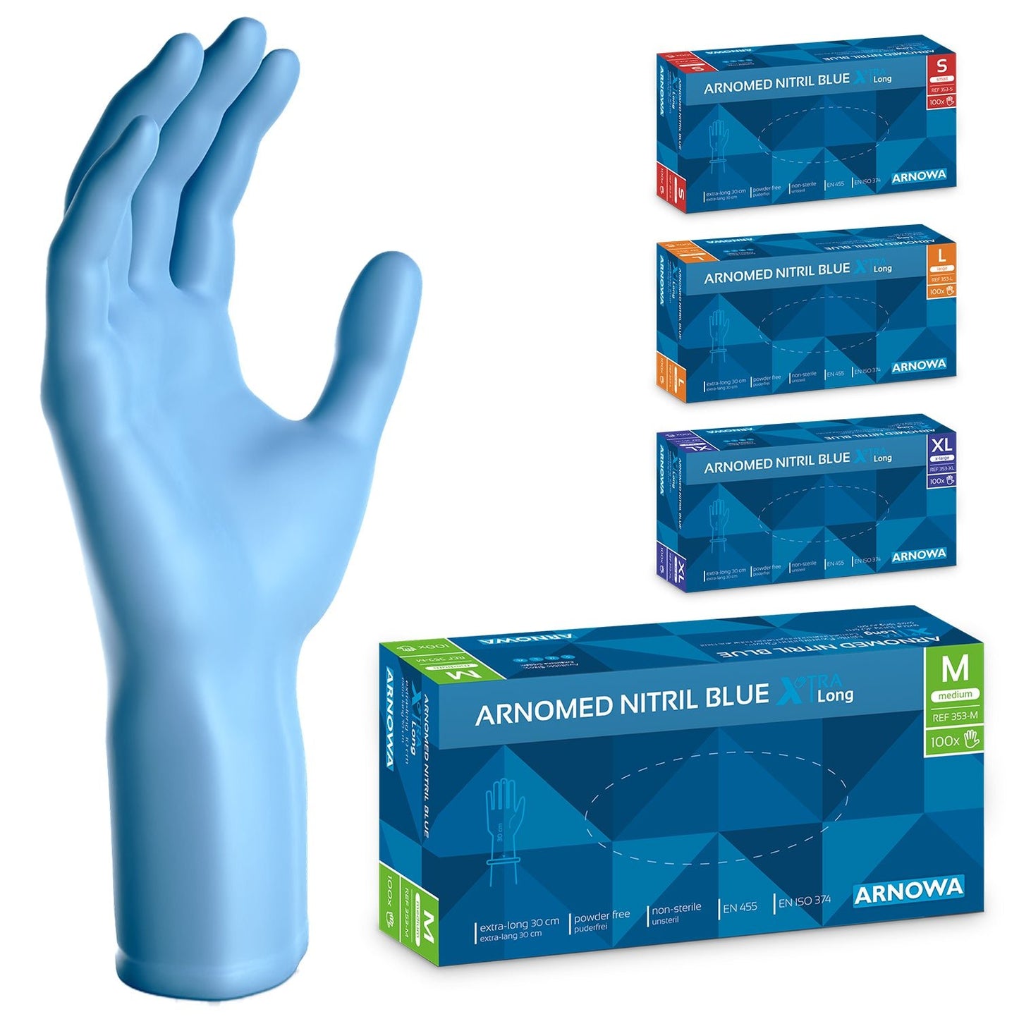 A blue ARNOMED NITRIL BLUE XTRA LONG (30cm) nitrile glove from ARNOWA GmbH stands upright next to its box (size M). In the top right, three more boxes in sizes S, L, and XL are depicted.
