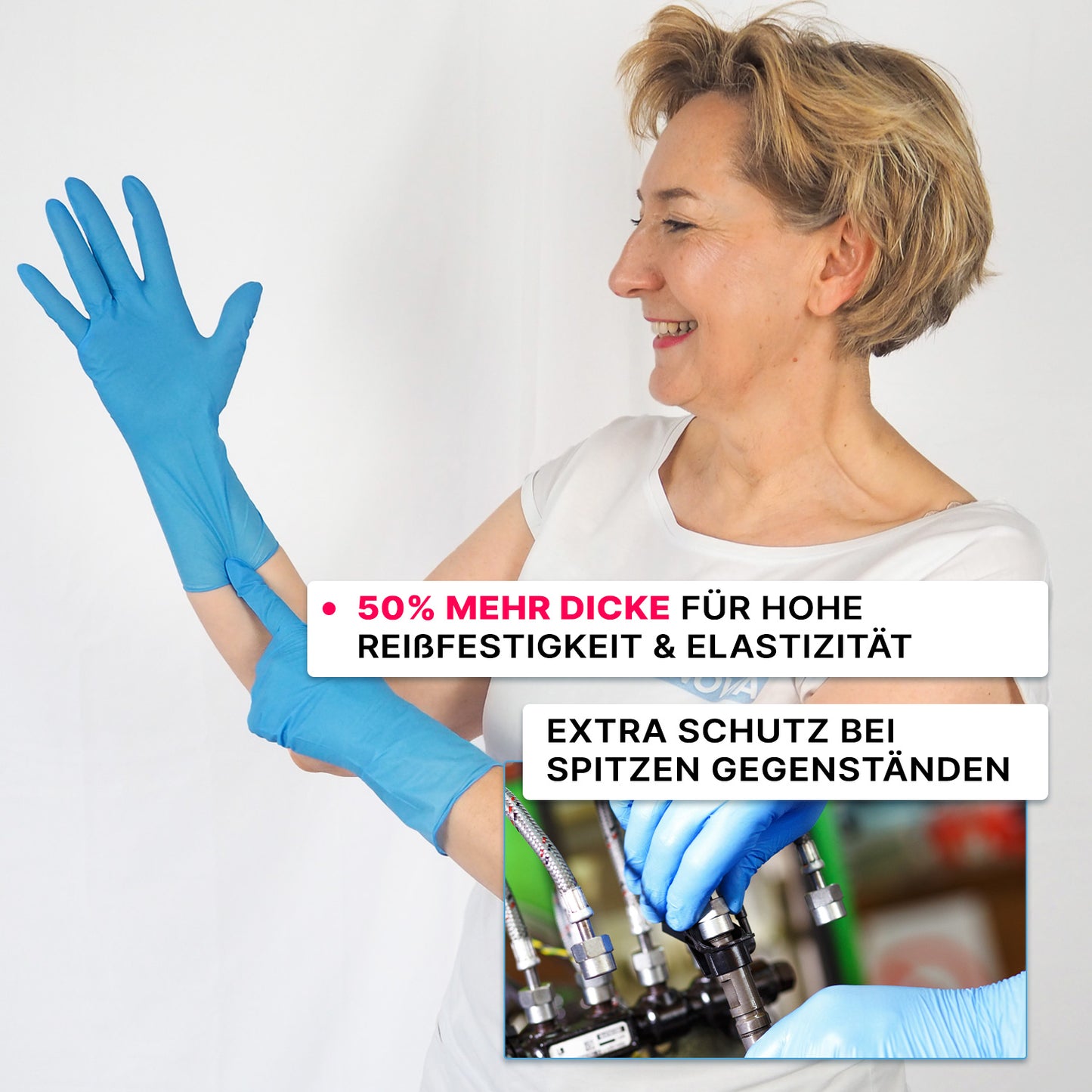 A woman puts on ARNOMED NITRIL BLUE XTRA LONG disposable gloves (ARNOWA GmbH). German text highlights their 30 cm length, strength, and elasticity for extra protection. In the image section, the gloves are used when handling hoses.