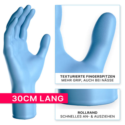 The ARNOMED NITRIL BLUE XTRA LONG disposable glove from ARNOWA GmbH is shown upright. Insets emphasize the textured fingertips for better grip in wet conditions and the rolled edge for easy on and off. Length: 30 cm.