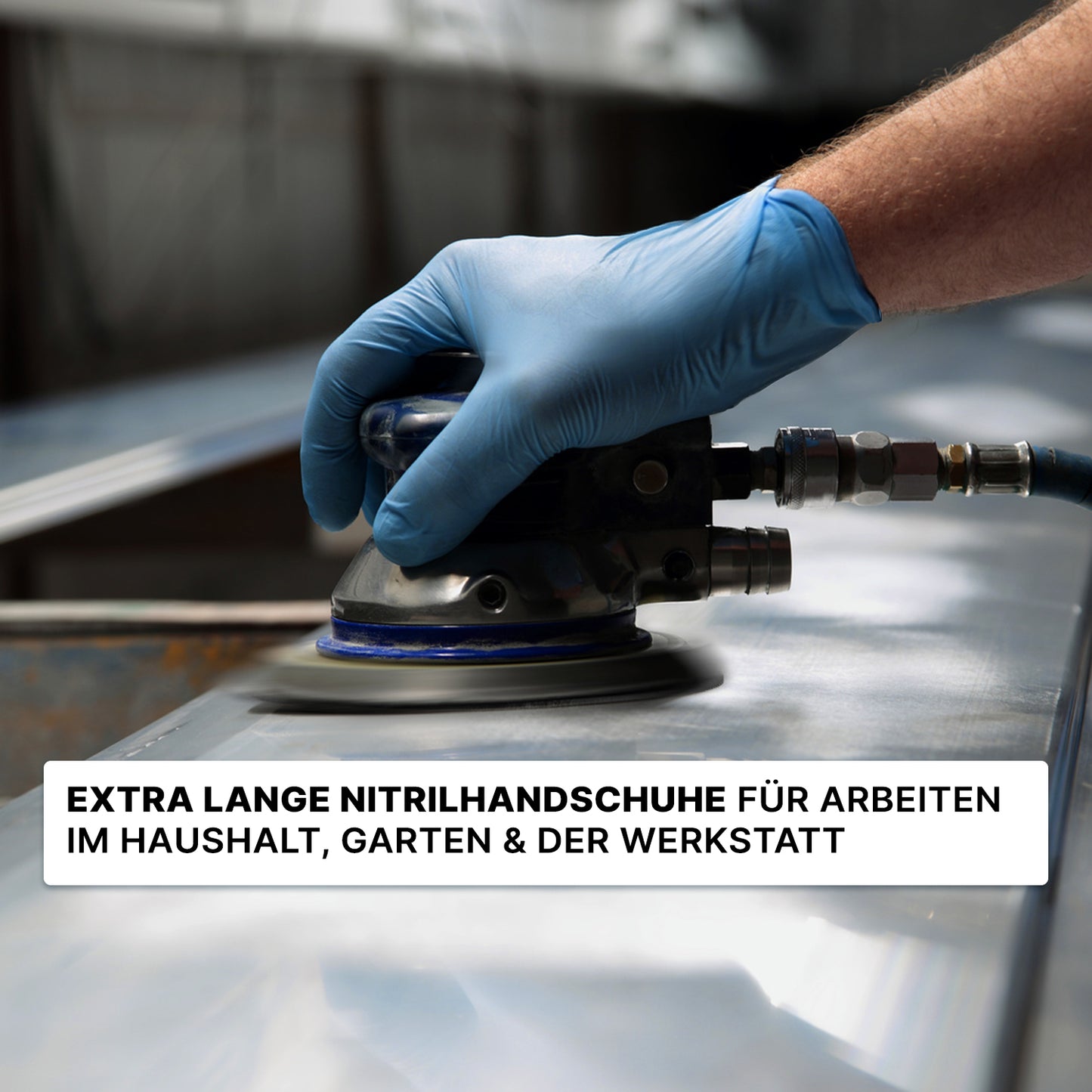 A person wears ARNOMED NITRIL BLUE XTRA LONG disposable gloves from ARNOWA GmbH and grinds metal. Text highlights the versatile use of the extra-long (30 cm) nitrile gloves for household, garden, and workshop.