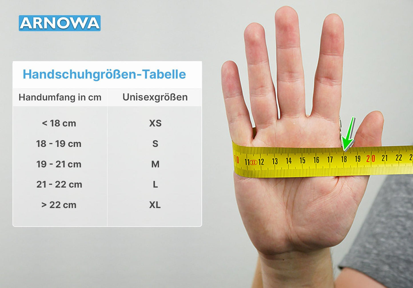 A hand is measured with a yellow band at 19 cm. On the left, you will find a size chart to help you find the right size for ARNOMED NITRIL BLUE XTRA LONG 30cm disposable nitrile gloves in blue from ARNOWA GmbH (unisex sizes XS-XL).
