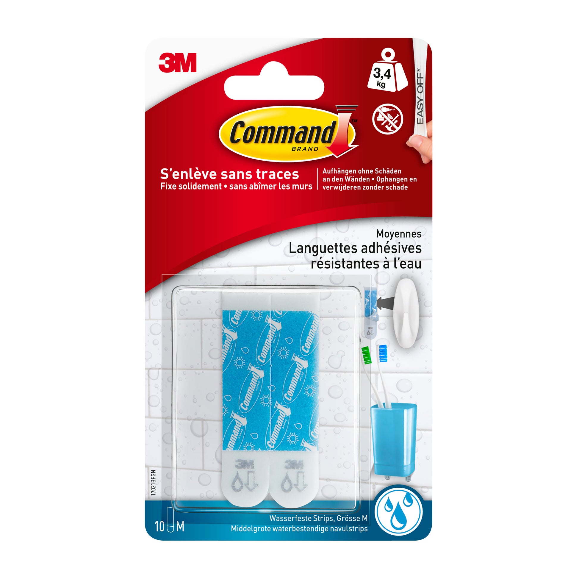 Eine Packung mit 10 Command™ Strips 17021B, Wasserfest, Größe M von 3M Deutschland GmbH wird als selbstklebende Befestigungslösung ohne Bohren fürs Badezimmer, mit französischer Produktinfo auf der Packung angezeigt.