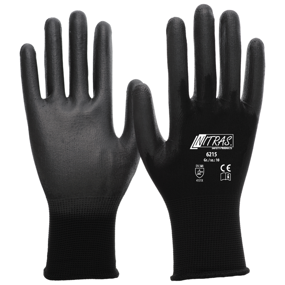 A pair of black NITRAS nylon gloves, partially coated with PU from AS Arbeitsschutz GmbH, is depicted - showing a printed palm, the other the PU-coated back.