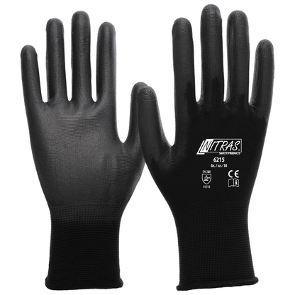 A pair of black NITRAS nylon gloves, partially coated with PU from AS Arbeitsschutz GmbH, is depicted - showing a printed palm, the other the PU-coated back.