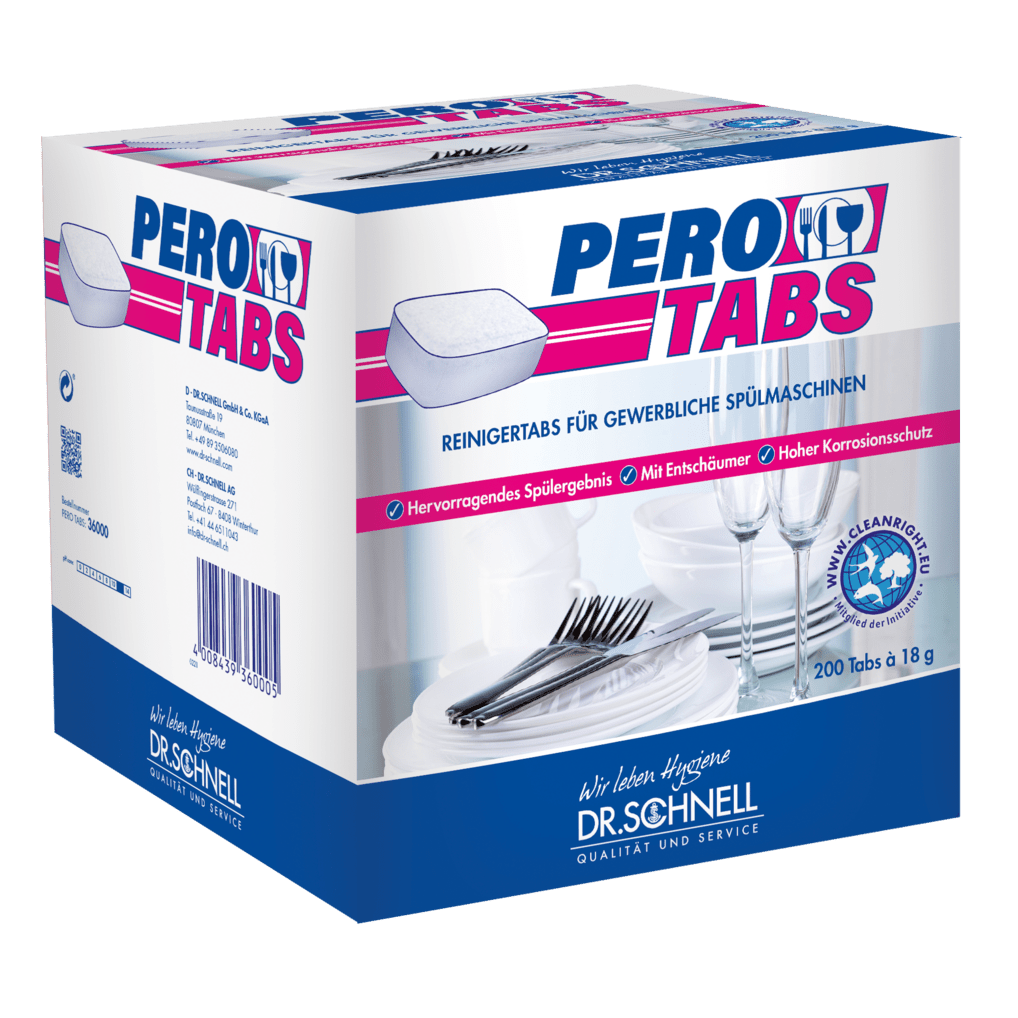 A box of Dr. Schnell PERO TABS dishwashing detergent for commercial dishwashers from DR.SCHNELL GmbH & Co. KGaA, cleans hygienically with 200 tabs; the white-blue packaging with pink accents shows dishes and cutlery.