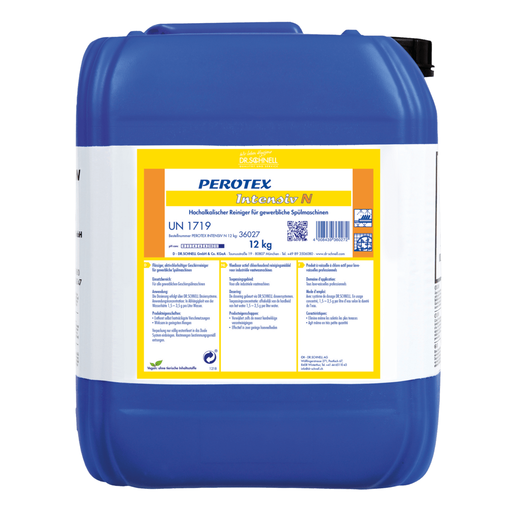The Dr. Schnell PEROTEX INTENSIV N by DR.SCHNELL GmbH & Co. KGaA is a large blue 12 kg plastic dishwashing cleaner with a black cap, marked for professional use and equipped with instructions and hazard symbols.