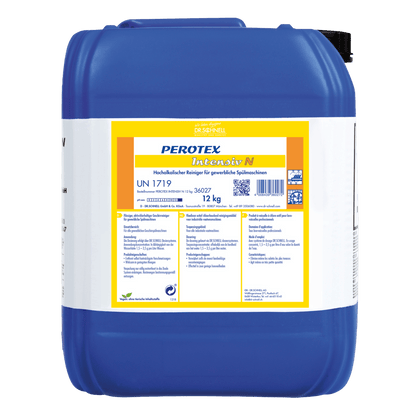 The Dr. Schnell PEROTEX INTENSIV N by DR.SCHNELL GmbH & Co. KGaA is a large blue 12 kg plastic dishwashing cleaner with a black cap, marked for professional use and equipped with instructions and hazard symbols.