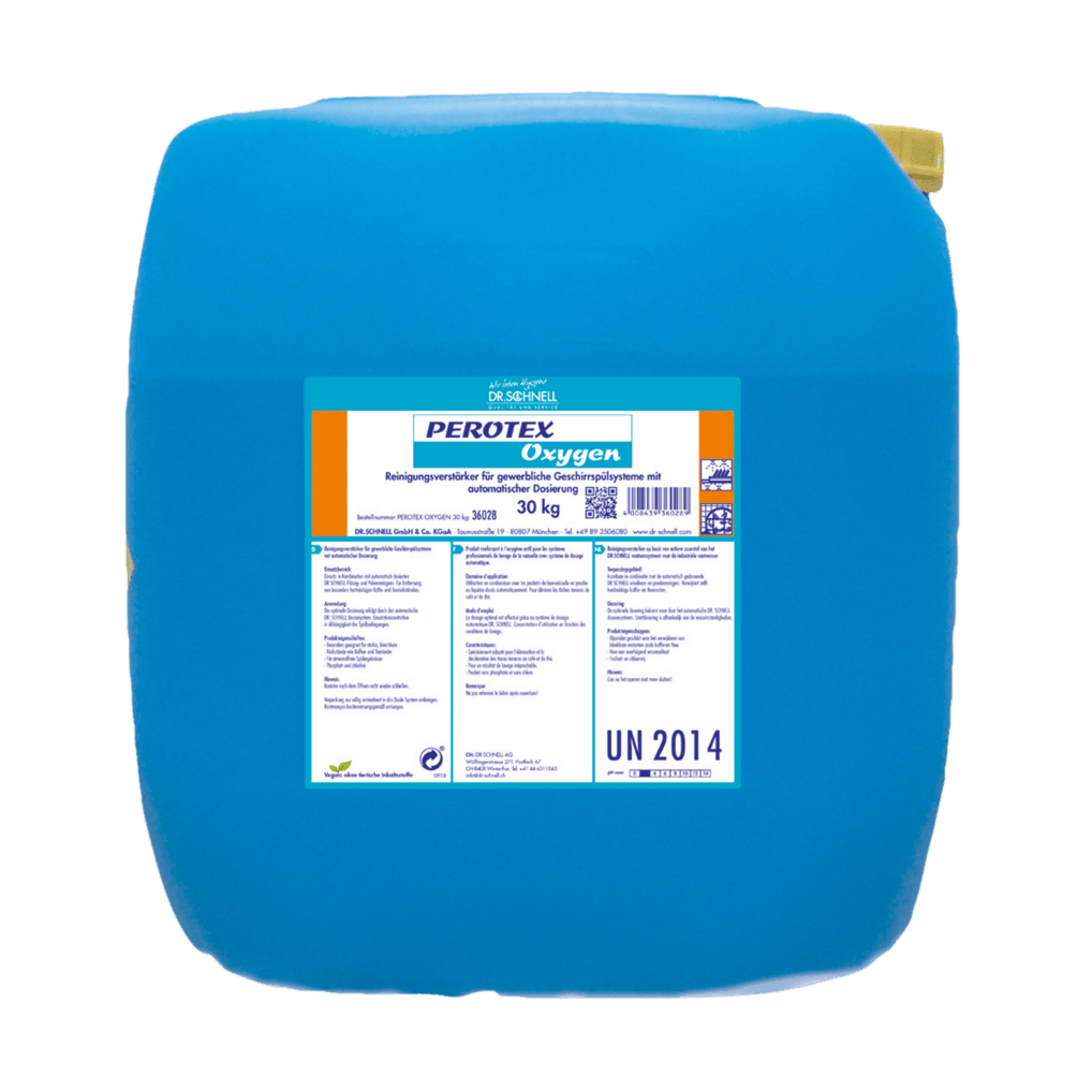 A large blue 30 kg plastic canister with the label "Dr. Schnell PEROTEX OXYGEN cleaning booster for commercial dishwashers, active oxygen" from DR.SCHNELL GmbH & Co. KGaA, with hazard warnings, a yellow cap, and a white label with a symbol.