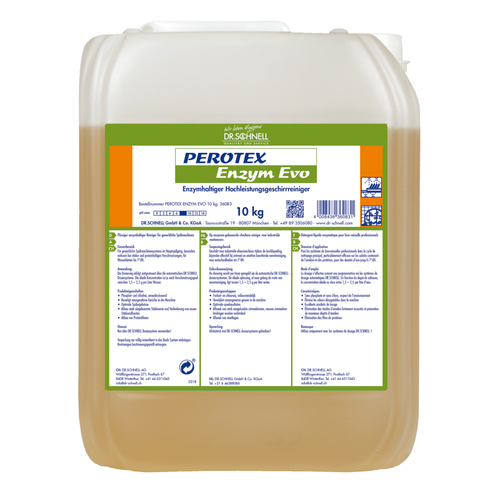 A 10 kg transparent container of Dr. Schnell PEROTEX ENZYM EVO from DR.SCHNELL GmbH & Co. KGaA, an enzymatic cleaner for professional use, is equipped with a green-white label with instructions and product information as well as a white lid.