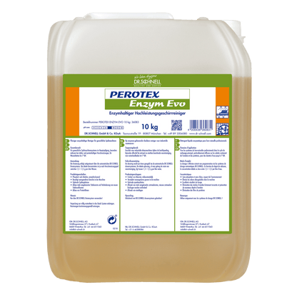 A 10 kg transparent container of Dr. Schnell PEROTEX ENZYM EVO from DR.SCHNELL GmbH & Co. KGaA, an enzymatic cleaner for professional use, is equipped with a green-white label with instructions and product information as well as a white lid.