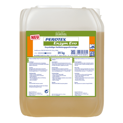 A 20 kg container Dr. Schnell PEROTEX ENZYM EVO from DR.SCHNELL GmbH & Co. KGaA, an enzymatic cleaner for professional use, with product information and instructions on a white label with blue and green lettering.