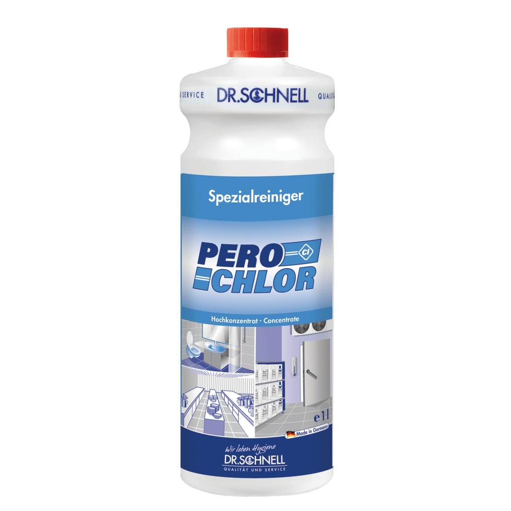 A 1L white plastic bottle of DR.SCHNELL GmbH & Co. KGaA PERO CHLOR chlorine cleaner for surfaces with a red cap and blue label, labeled in German for professional kitchen and food hygiene.