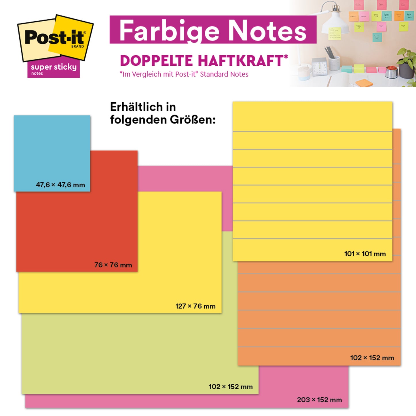 Ein Display zeigt 16 Packungen Post-it® Super Sticky Notes von 3M Deutschland GmbH (76 mm x 127 mm, verschiedene Farben, 90 Blatt/Block), deren starke Klebefläche an einer ordentlich arrangierten Notizzettel-Wand sichtbar ist.