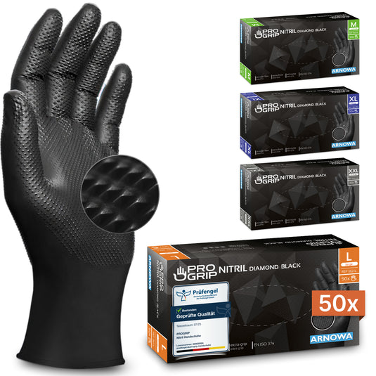 A PROGRIP NITRIL DIAMOND BLACK disposable glove from ARNOWA GmbH is displayed standing upright, showcasing its non-slip diamond pattern. In the background are three colored boxes of various sizes, each containing 50 gloves per pack.