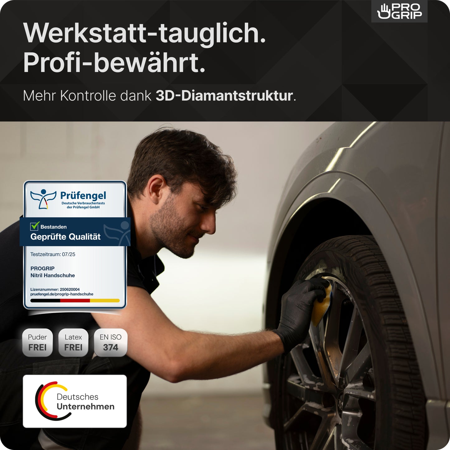 Ein Mann trägt ARNOWA PROGRIP NITRIL DIAMOND BLACK Einmalhandschuhe und reinigt einen Autoreifen. Text hebt professionelle Qualität, Diamantstruktur und Zertifizierung hervor, während Icons die Produkteigenschaften zeigen.