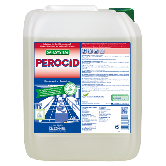Ein 10-Liter-Kunststoffbehälter von Dr. Schnell PEROCID Kalklöser für Oberflächen der DR.SCHNELL GmbH & Co. KGaA, mit grünem Deckel und einem blau-roten deutschen Etikett mit Anweisungen und Diagrammen zur Oberflächenreinigung und Kalkentfernung.