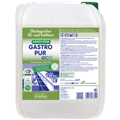 Ein weißer 10-Liter-Kunststoffbehälter mit der Aufschrift "Dr. Schnell GASTRO PUR ECO Öl- und Fettlöser für Oberflächen" der DR.SCHNELL GmbH & Co. KGaA, mit Piktogrammen und einem Bild für die Küchenreinigung in der Gastronomie.