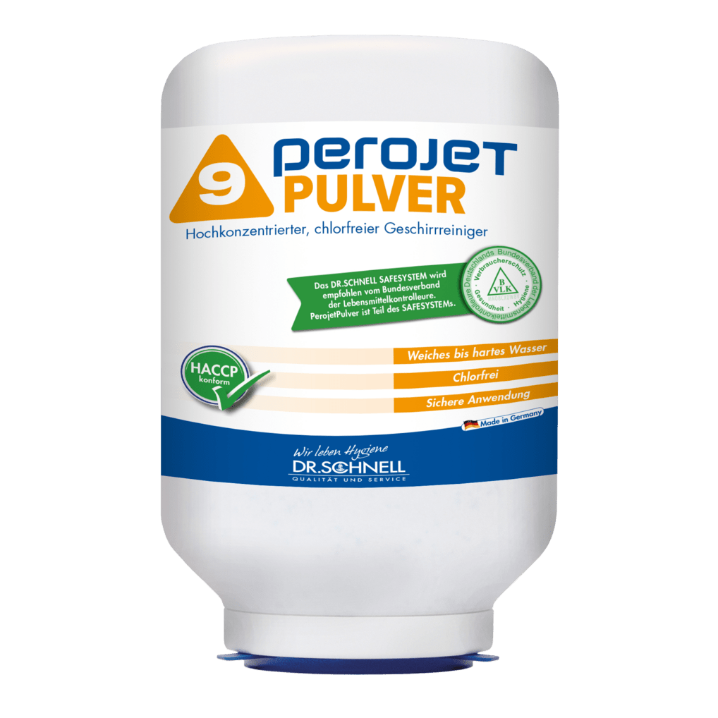 A white 3kg cartridge of DR.SCHNELL GmbH & Co. KGaA PEROJET PULVER 9, a chlorine-free dishwashing detergent for commercial machines, with colored labels, German text, and HACCP certification.