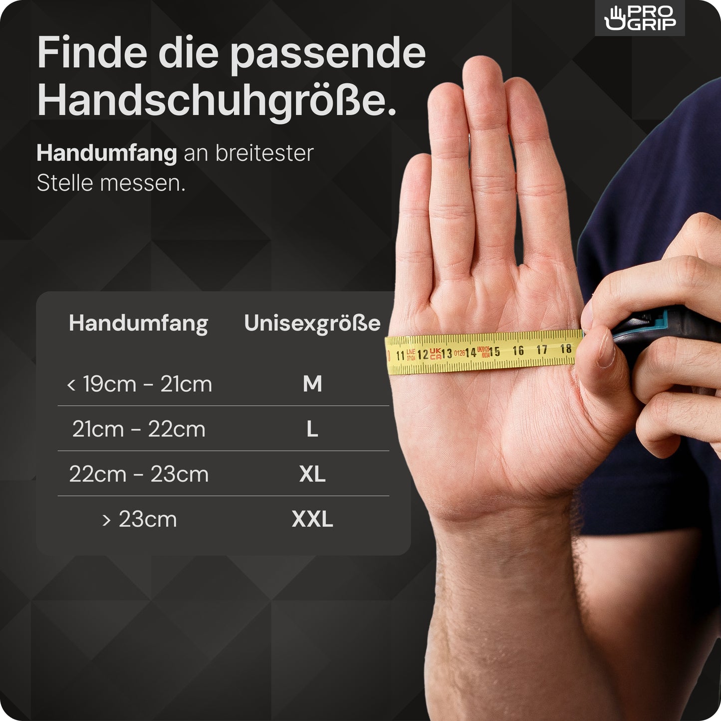 Ein Bild zeigt eine Hand mit Maßband an der breitesten Stelle. Daneben eine Tabelle zu Handumfang und passenden Größen M-XXL für PROGRIP NITRIL DIAMOND BLUE - blaue, reißfeste Einmalhandschuhe aus Nitril mit Diamantstruktur von ARNOWA GmbH.