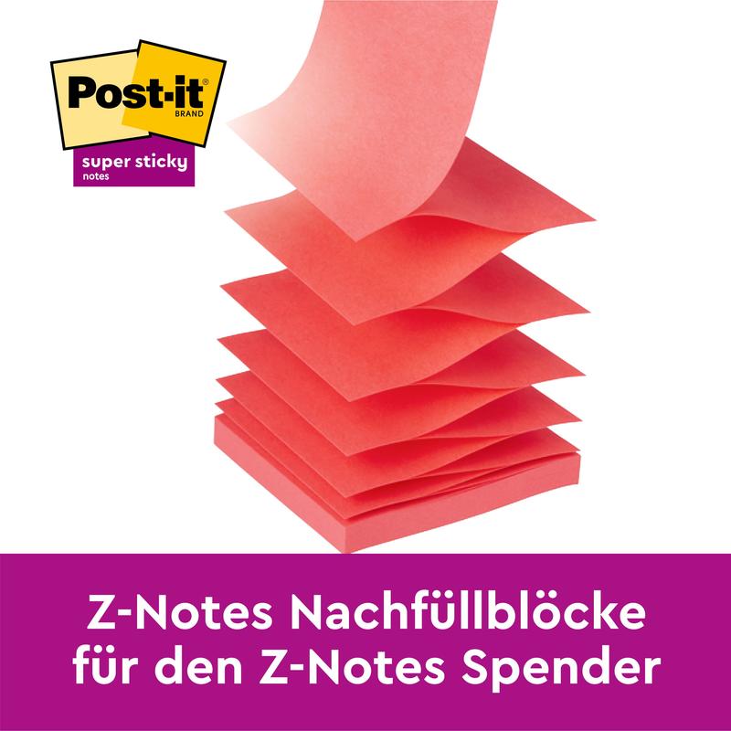 Several yellow Post-it® Super Sticky Z-Notes (76 mm x 127 mm, 90 sheets/block, 12 blocks/pack) from 3M Deutschland GmbH are stacked. The Post-it logo is at the top left; a purple banner below provides information about the German refill blocks.