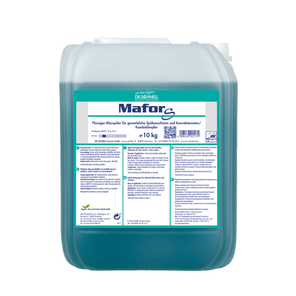 Ein 10 kg durchsichtiger Kunststoffbehälter der DR.SCHNELL GmbH & Co. KGaA Dr. Schnell MAFOR EVO S Klarspüler für Geschirrspülmaschinen, blau-grüne Flüssigkeit mit deutschem Etikett, zur streifenfreien Trocknung und effektiven Kalkverhinderung.