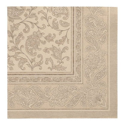 The PAPSTAR 50 napkins "ROYAL Collection" 1/4-fold 40 x 40 cm in sand by PAPSTAR GmbH have an elegant paisley and floral border - ideal for high-quality napkins.