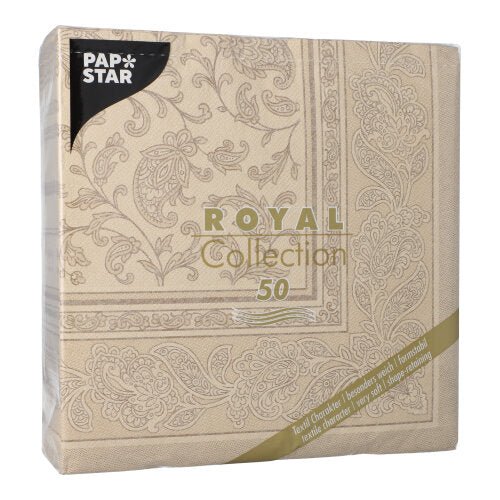 A sand-colored package PAPSTAR GmbH 50 napkins "ROYAL Collection" 1/4-fold, 40 x 40 cm, with product info in gold and white on the front.