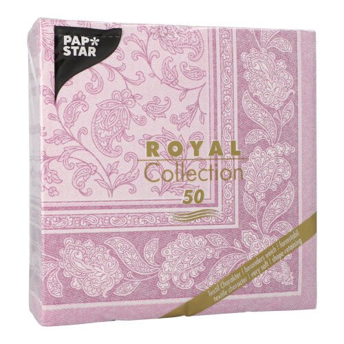 A pack of 50 PAPSTAR napkins from the ROYAL Collection of PAPSTAR GmbH, 1/4-fold, 40 x 40 cm in lilac, with elegant floral and paisley motifs visible through the transparent packaging.