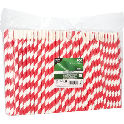 In a transparent plastic packaging, 200 PAPSTAR straws with spoons, red/white "Stripes", 23 cm, Ø10 mm, are neatly placed side by side. On the front is a green and white label from PAPSTAR GmbH with product information visible.