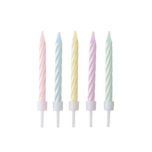 PAPSTAR 24 pastel-colored birthday candles with holders (6 cm, assorted colors) by PAPSTAR GmbH. Upright in a row depicted - pink, blue, yellow, purple, and green - against a plain white background. Each box contains 10 pieces.