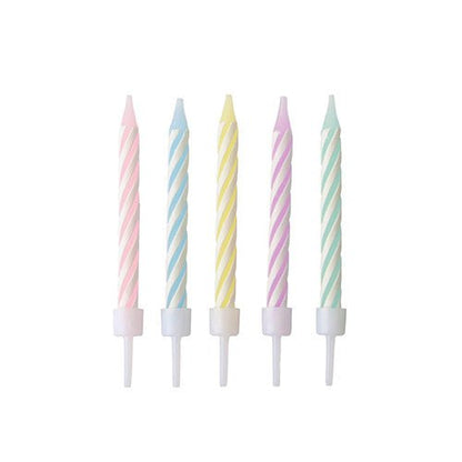 PAPSTAR 24 pastel-colored birthday candles with holders (6 cm, assorted colors) by PAPSTAR GmbH. Upright in a row depicted - pink, blue, yellow, purple, and green - against a plain white background. Each box contains 10 pieces.