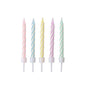 PAPSTAR 24 pastel-colored birthday candles with holders (6 cm, assorted colors) by PAPSTAR GmbH. Upright in a row depicted - pink, blue, yellow, purple, and green - against a plain white background. Each box contains 10 pieces.