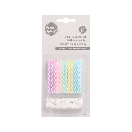 PAPSTAR 24 pastel-striped birthday candles (pink, purple, blue, yellow, white) with holders, each 6 cm, in clear trilingual packaging (German/English/French), 10-pack by PAPSTAR GmbH.